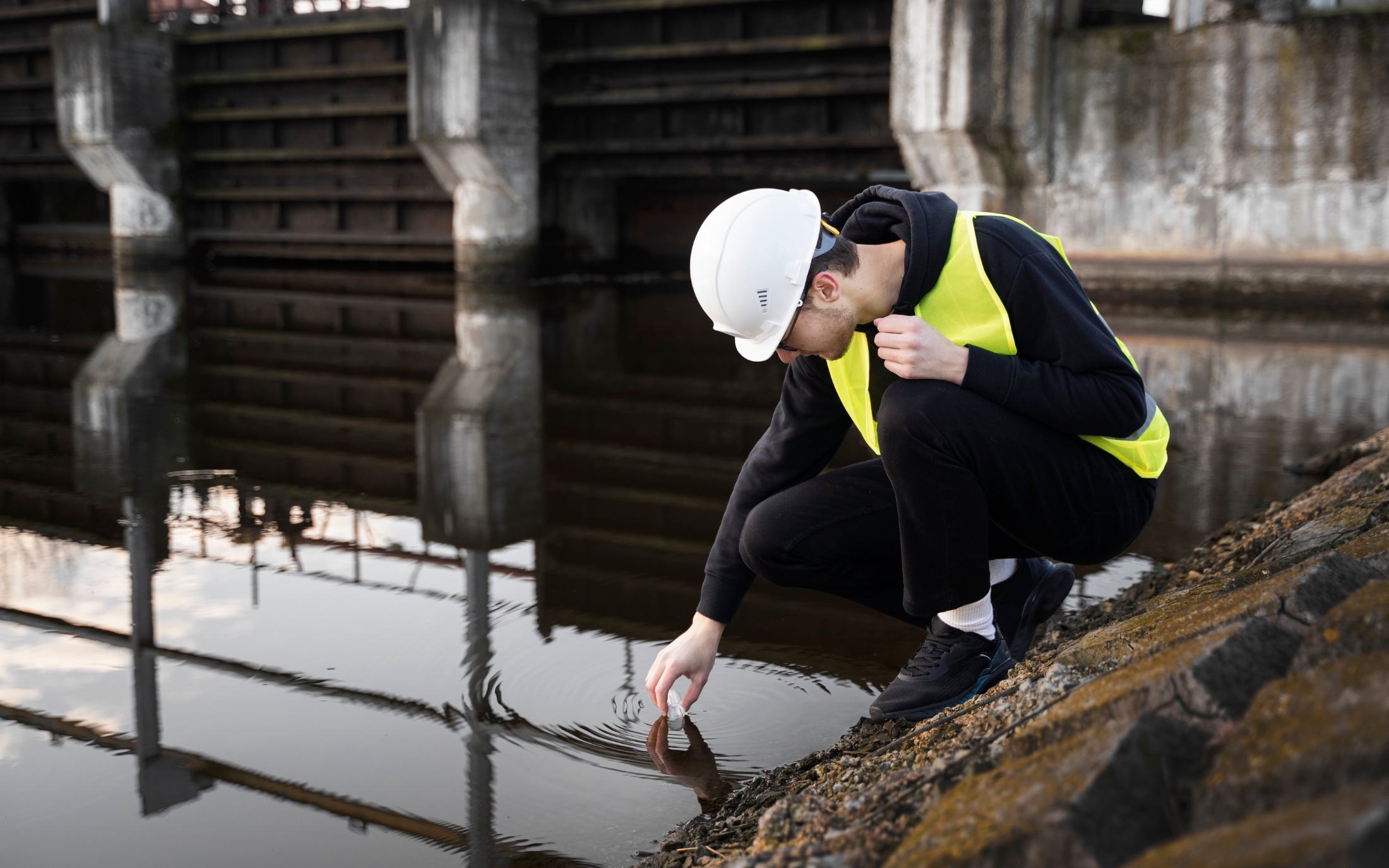 engineer taking water sample