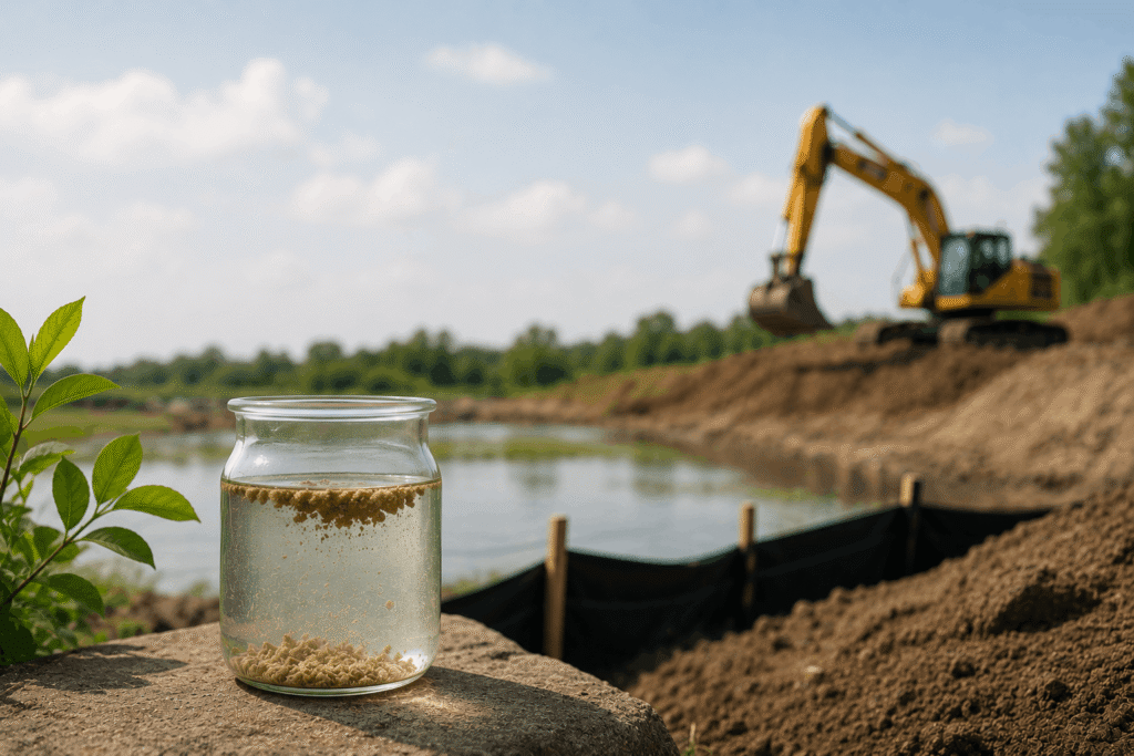 A jar test showing sediment settled out of turbid runoff, the kind of clarification that supports water efficiency on job sites.