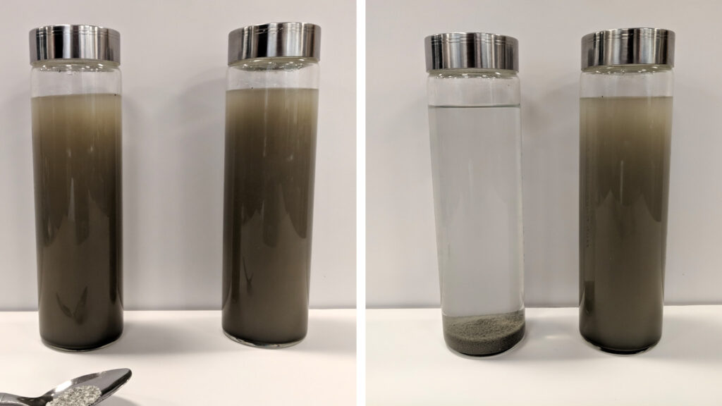 Managing sediment in water with TigerFloc, shown in a before-and-after jar test with turbid water clarifying to clear